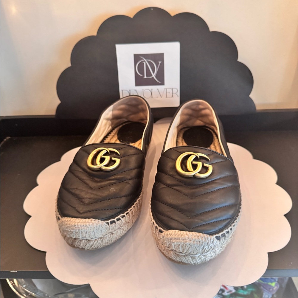 Gucci Black Quilted Leather GG Espadrille Slip-Ons with Gold Hardware